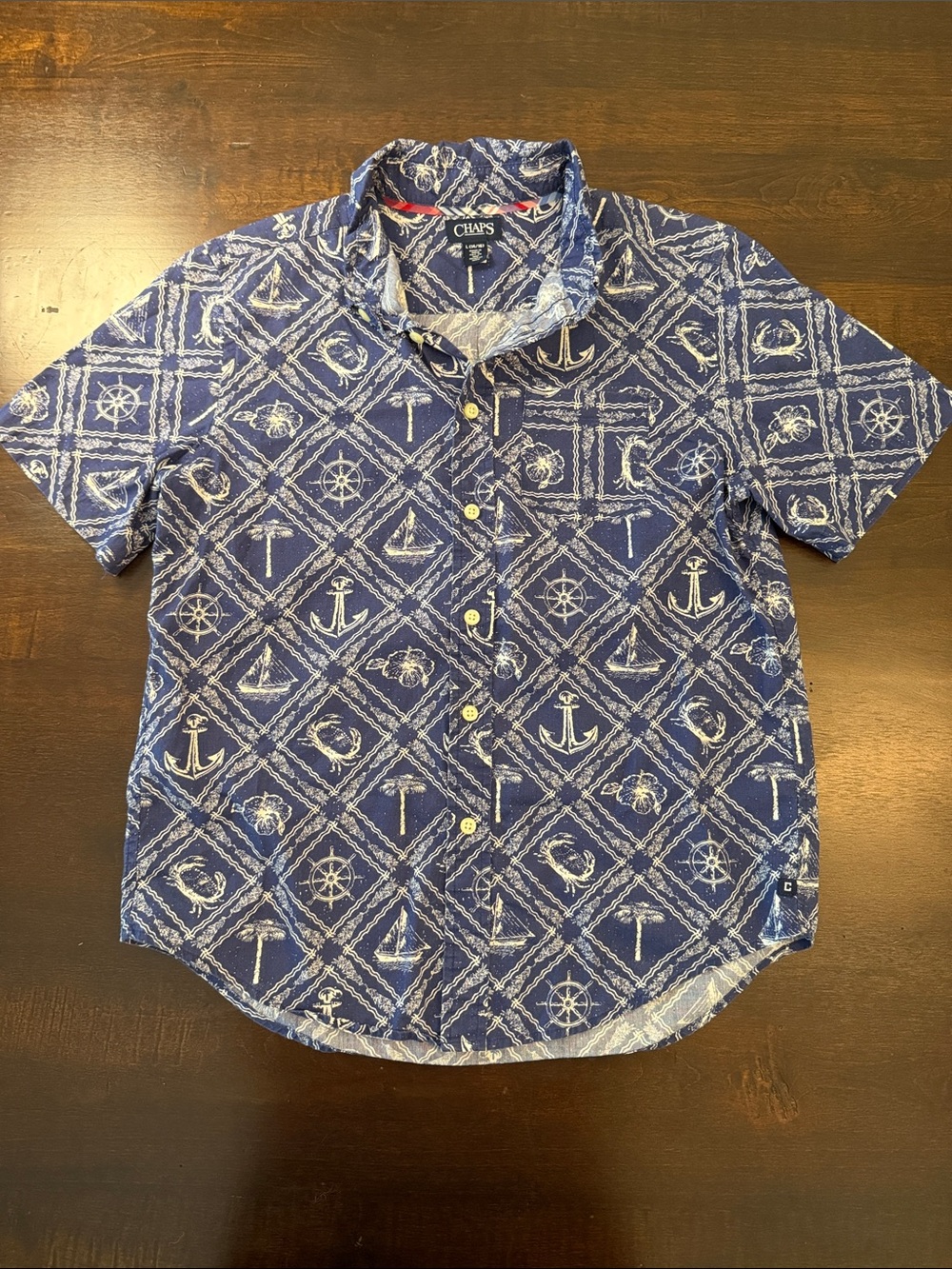 Chaps Navy Blue Nautical Print Short-Sleeve Button-Down Shirt